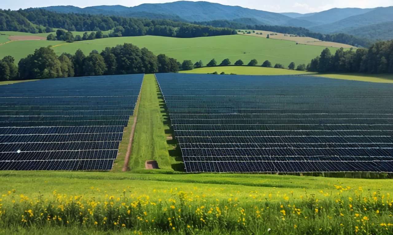 Solarpark am Hang: Modulreihen vor bewaldeten Hügeln